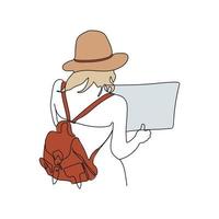 Travel girl with backpack and map, back view. One line art. Tourism concept. Hand drawn vector illustration.