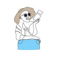 Travelling girl at the airport terminal with suitcase and boarding pass tickets. One line drawing art. Woman is waiting to go on a trip. Travel concept. Vector illustration.