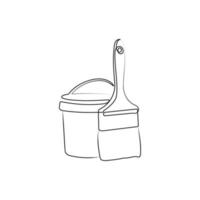 Bucket of paint and brush. Can with paint and paintbrush. One line art. Tool for repair and construction. Vector illustration.