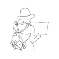 Travel girl with backpack and map. One line art. Tourism concept. Hand drawn vector illustration.