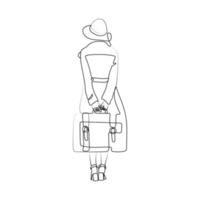 Girl with suitcase, wearing hat and coat. One line art. Travel concept. Vintage vector illustration.