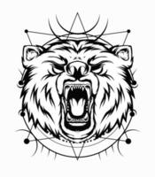 Angry bear illustration in black and white color