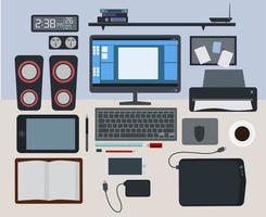 oficina espacio de trabajo computadora parte superior ver plano diseño, vector ilustración