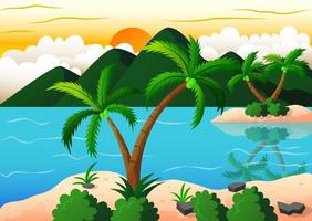 Exotic Beach and Coconut Island Vacation, Vector Illustration