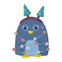 Penguin in a hoop of Christmas trees on his head and garland around him. Cute cartoon character. Vector