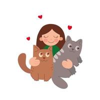 Respect Your Cat Day. Brown-haired girl, hostess hugs her cartoon cats. Love to our pets. Vector illustration