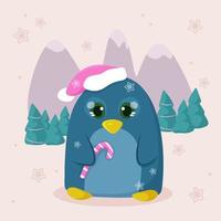 linda dibujos animados pingüino en el rosado sombrero con fiesta pirulí alrededor montaña. vector ilustración tarjeta
