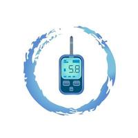 Glucose meter with a test strip showing 5.8 result in the screen. Healthy habit, healthcare symbol in realistic brush stroke, colored with blue gradient. Abstract emblem, medical device vector