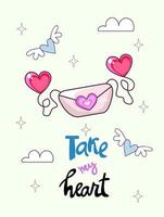 Take my heart. Vector illustration of a flying love letter with balloons in the shape of hearts. Text in blue, black, pink. Wings of love, stars and clouds on lemon background