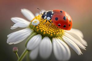 photo red ladybug on camomile flower, ladybird creeps on stem of plant in spring in garden in summer, photography