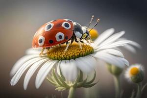 photo red ladybug on camomile flower, ladybird creeps on stem of plant in spring in garden in summer, photography