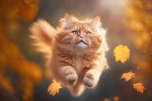 Portrait Funny red cat flying in the air in autumn photography photo