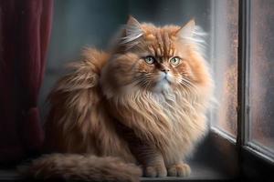 Portrait of a funny beautiful red fluffy cat in the interior, pets photography photo