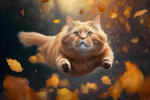 retrato gracioso rojo gato volador en el aire en otoño fotografía foto