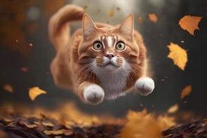 Portrait Funny red cat flying in the air in autumn photography photo