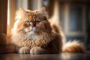 Portrait of a funny beautiful red fluffy cat in the interior, pets photography photo