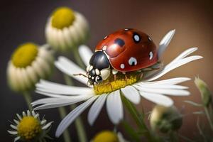 foto rojo mariquita en manzanilla flor, mariquita grima en vástago de planta en primavera en jardín en verano, fotografía