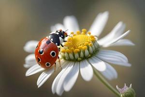 photo red ladybug on camomile flower, ladybird creeps on stem of plant in spring in garden in summer, photography