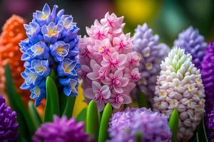 photo Large flower bed with multi-colored hyacinths, traditional easter flowers, flower background, easter spring background