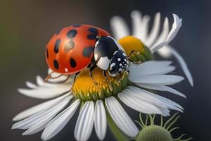 photo red ladybug on camomile flower, ladybird creeps on stem of plant in spring in garden in summer, photography