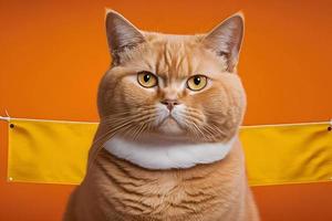 Portrait Portrait of a cat Scottish Straight with a banner in paws on a orange background photography photo