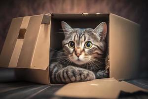 Portrait Cute grey tabby cat in cardboard box on floor at home photography photo