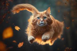 Portrait Funny red cat flying in the air in autumn photography photo