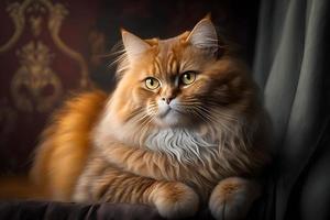 Portrait of a funny beautiful red fluffy cat in the interior, pets photography photo