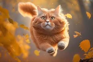 retrato gracioso rojo gato volador en el aire en otoño fotografía foto