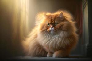 Portrait of a funny beautiful red fluffy cat in the interior, pets photography photo