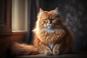 Portrait of a funny beautiful red fluffy cat in the interior, pets photography photo