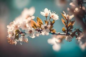 fotos ramas de cierne Cereza macro con suave atención en amable ligero azul cielo antecedentes en luz de sol con Copiar espacio. hermosa floral imagen de primavera naturaleza, fotografía