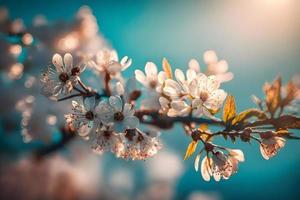 Photos Branches of blossoming cherry macro with soft focus on gentle light blue sky background in sunlight with copy space. Beautiful floral image of spring nature, photography