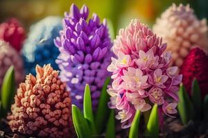 photo Large flower bed with multi-colored hyacinths, traditional easter flowers, flower background, easter spring background