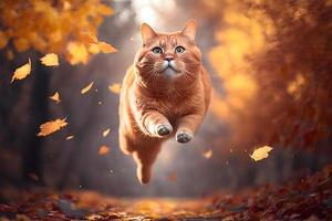 Portrait Funny red cat flying in the air in autumn photography photo