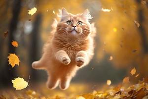 Portrait Funny red cat flying in the air in autumn photography photo