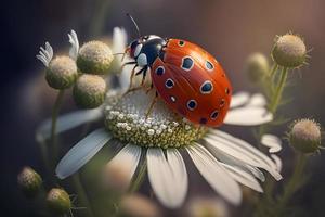 photo red ladybug on camomile flower, ladybird creeps on stem of plant in spring in garden in summer, photography