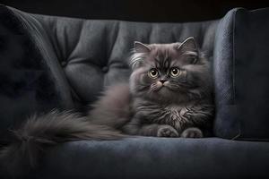 Portrait Beautiful little cat on a grey sofa photography photo