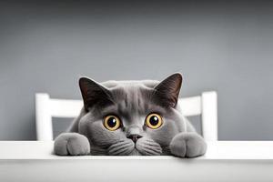 retrato hermosa gracioso gris británico gato echar un vistazo fuera desde detrás un blanco mesa con Copiar espacio fotografía foto