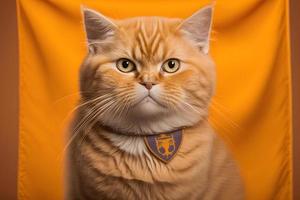 Portrait Portrait of a cat Scottish Straight with a banner in paws on a orange background photography photo