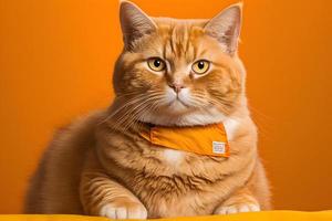 Portrait Portrait of a cat Scottish Straight with a banner in paws on a orange background photography photo