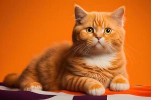 Portrait Portrait of a cat Scottish Straight with a banner in paws on a orange background photography photo