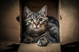 retrato linda gris atigrado gato en cartulina caja en piso a hogar fotografía foto