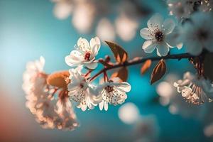 Photos Branches of blossoming cherry macro with soft focus on gentle light blue sky background in sunlight with copy space. Beautiful floral image of spring nature, photography