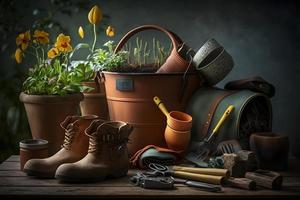 foto jardinería - conjunto de herramientas para jardinero y macetas en soleado jardín, fotografía