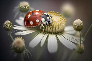 photo red ladybug on camomile flower, ladybird creeps on stem of plant in spring in garden in summer, photography