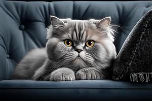 Portrait Beautiful little cat on a grey sofa photography photo