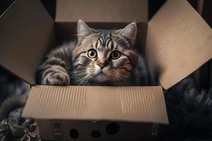 Portrait Cute grey tabby cat in cardboard box on floor at home photography photo