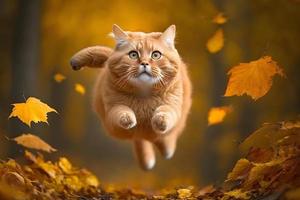 retrato gracioso rojo gato volador en el aire en otoño fotografía foto