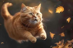 retrato gracioso rojo gato volador en el aire en otoño fotografía foto